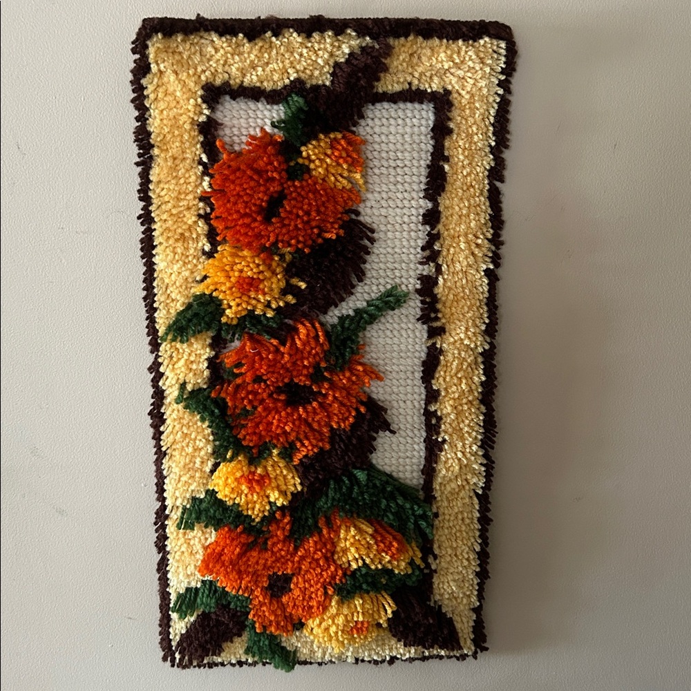 Vintage 70’s “ Summer Bouquet “ finished 23 x 11.5 latch hook wall hanging